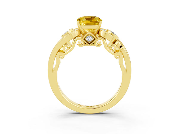 Yellow gold Cushion Cut Yellow Sapphire Solitaire Ring with Milgrain Pavé Band and Four-Prong Setting