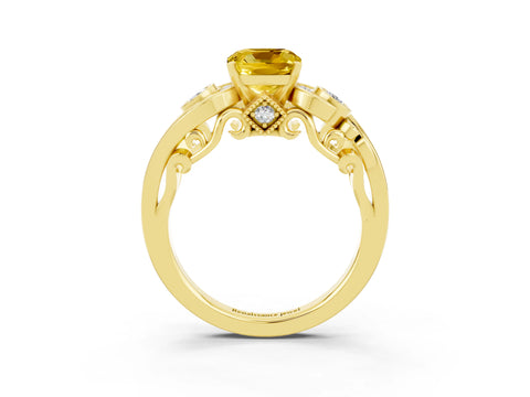 Yellow gold Cushion Cut Yellow Sapphire Solitaire Ring with Milgrain Pavé Band and Four-Prong Setting_27