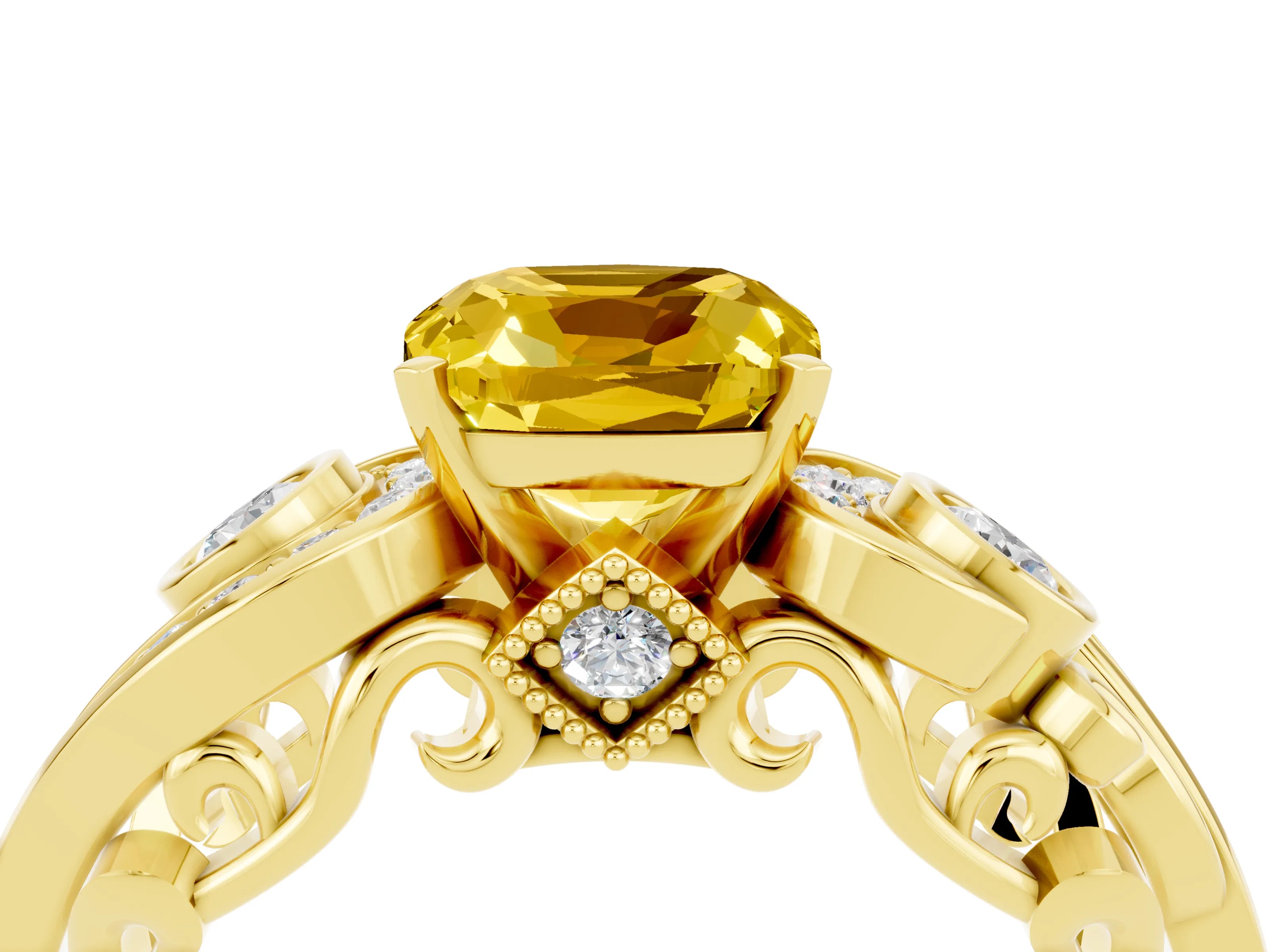 Yellow gold Cushion Cut Yellow Sapphire Solitaire Ring with Milgrain Pavé Band and Four-Prong Setting_28