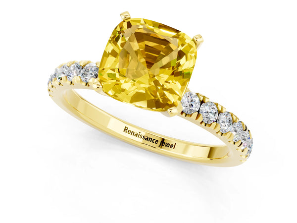 Yellow gold Cushion Cut Yellow Sapphire Solitaire Ring with Pavé Accents and Four-Prong Setting