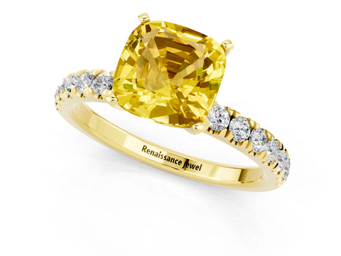 Yellow gold Cushion Cut Yellow Sapphire Solitaire Ring with Pavé Accents and Four-Prong Setting_25