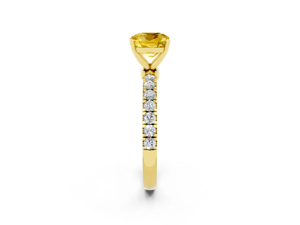 Yellow gold Cushion Cut Yellow Sapphire Solitaire Ring with Pavé Accents and Four-Prong Setting
