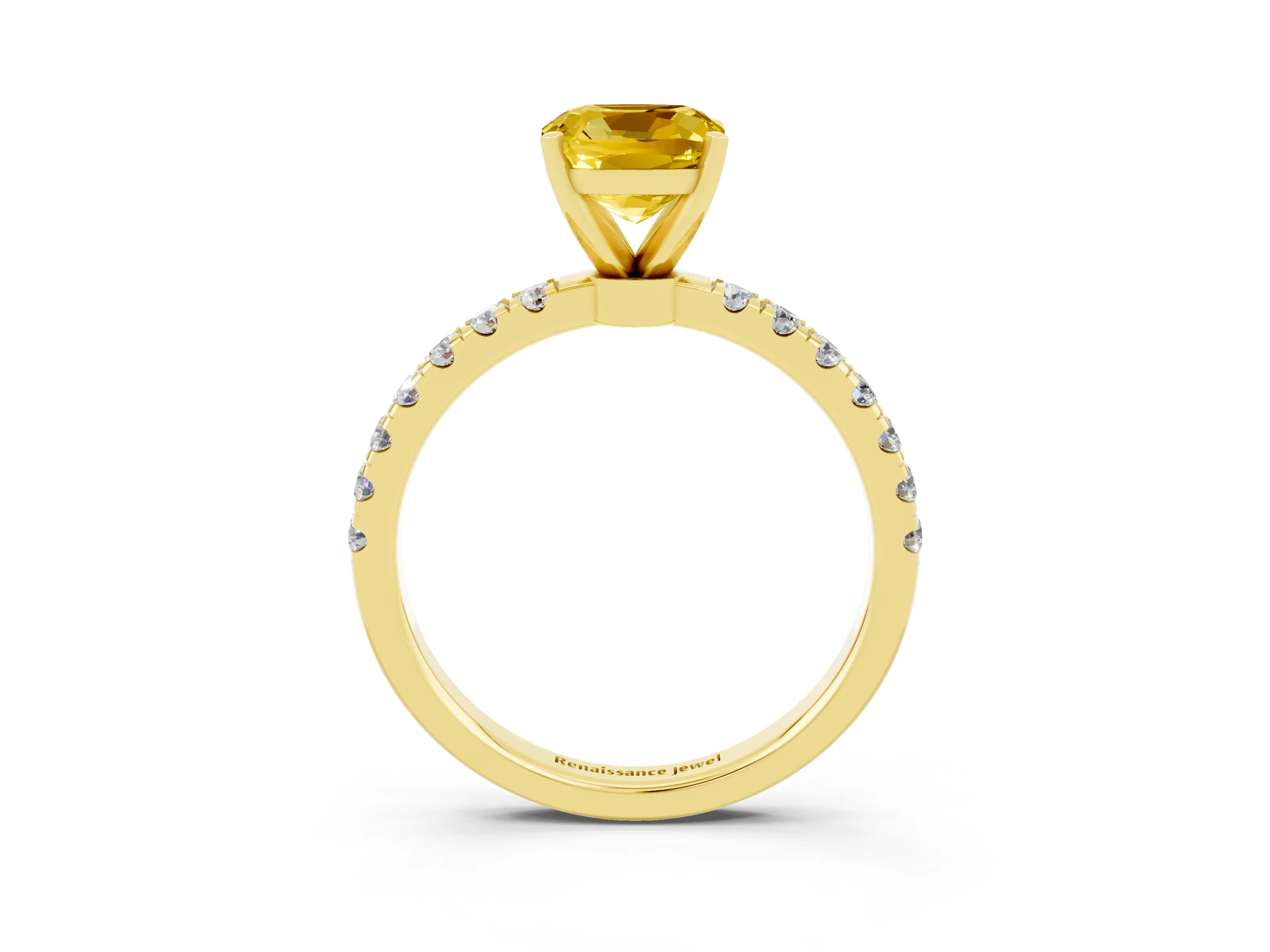 Yellow gold Cushion Cut Yellow Sapphire Solitaire Ring with Pavé Accents and Four-Prong Setting_27