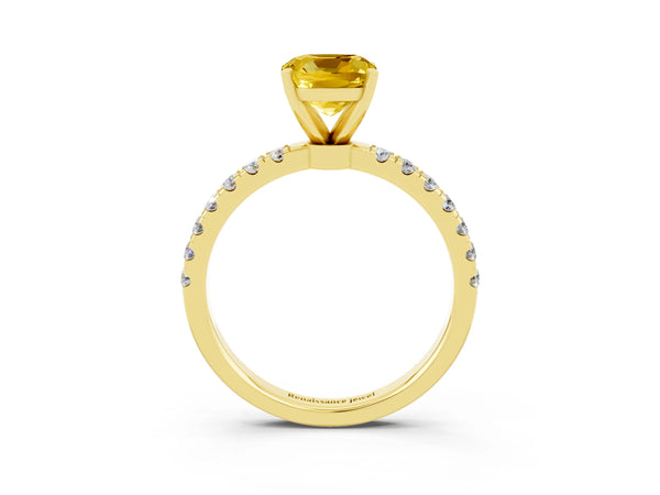 Yellow gold Cushion Cut Yellow Sapphire Solitaire Ring with Pavé Accents and Four-Prong Setting