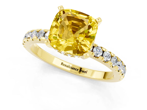 Yellow gold Cushion Cut Yellow Sapphire Solitaire Ring with Round  Pavé Band and Four-Prong Setting