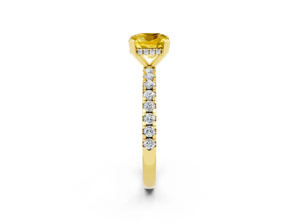 Yellow gold Cushion Cut Yellow Sapphire Solitaire Ring with Round  Pavé Band and Four-Prong Setting