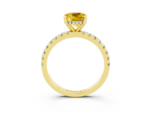 Yellow gold Cushion Cut Yellow Sapphire Solitaire Ring with Round  Pavé Band and Four-Prong Setting