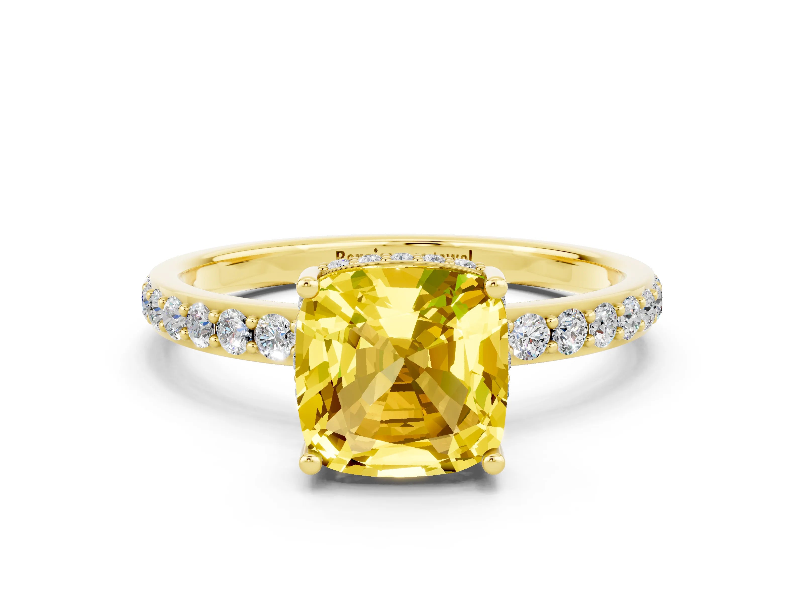 Yellow gold Cushion Cut Yellow Sapphire Solitaire Ring with Pavé Band and Hidden Halo_12