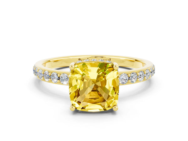 Yellow gold Cushion Cut Yellow Sapphire Solitaire Ring with Pavé Band and Hidden Halo