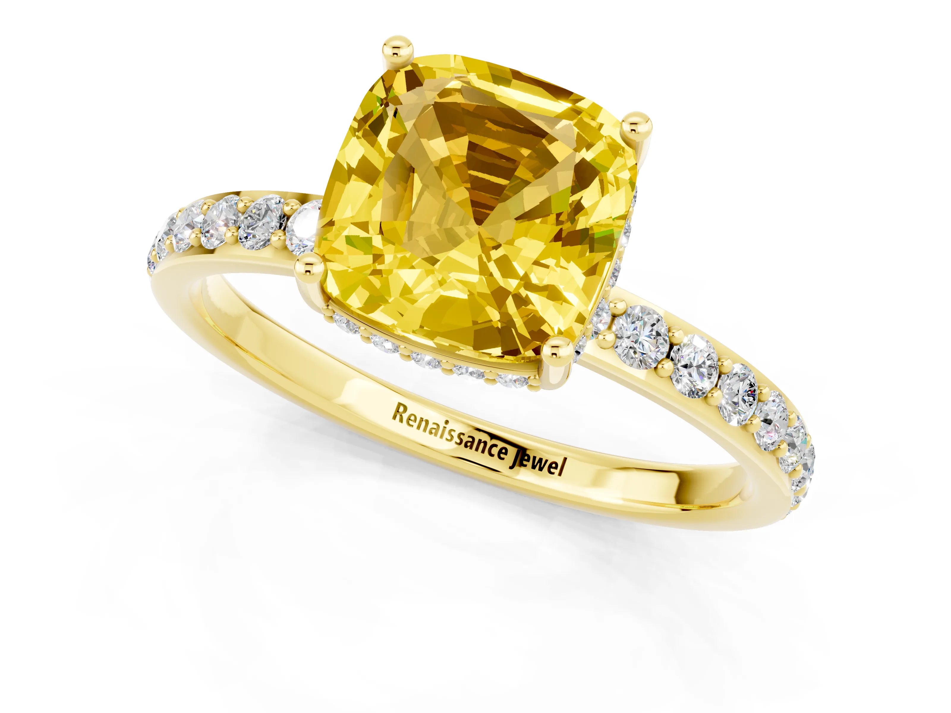 Yellow gold Cushion Cut Yellow Sapphire Solitaire Ring with Pavé Band and Hidden Halo_13
