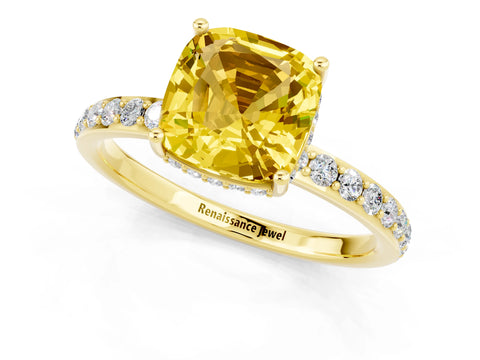 Yellow gold Cushion Cut Yellow Sapphire Solitaire Ring with Pavé Band and Hidden Halo_13