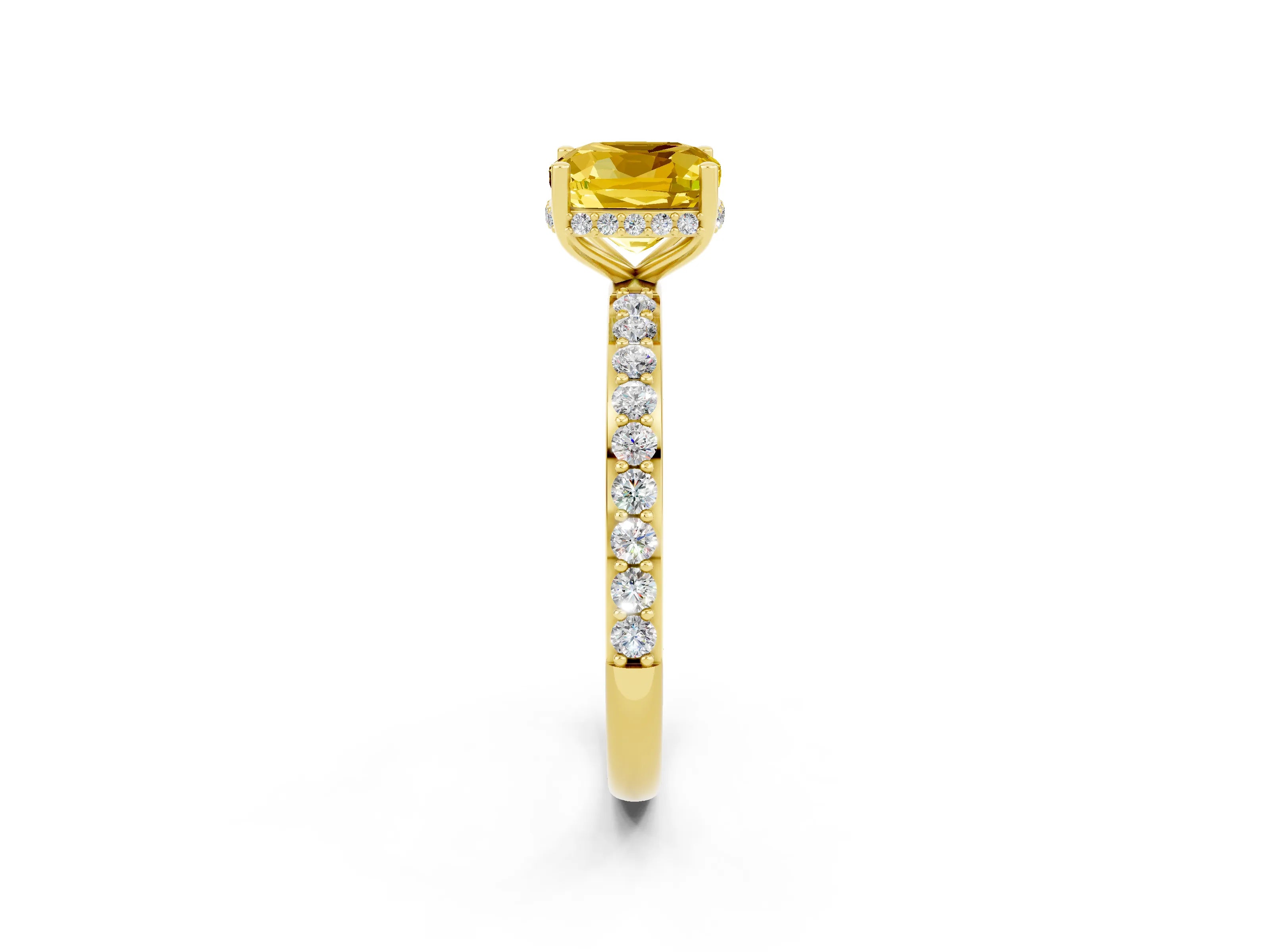 Yellow gold Cushion Cut Yellow Sapphire Solitaire Ring with Pavé Band and Hidden Halo_14