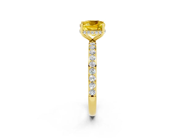 Yellow gold Cushion Cut Yellow Sapphire Solitaire Ring with Pavé Band and Hidden Halo