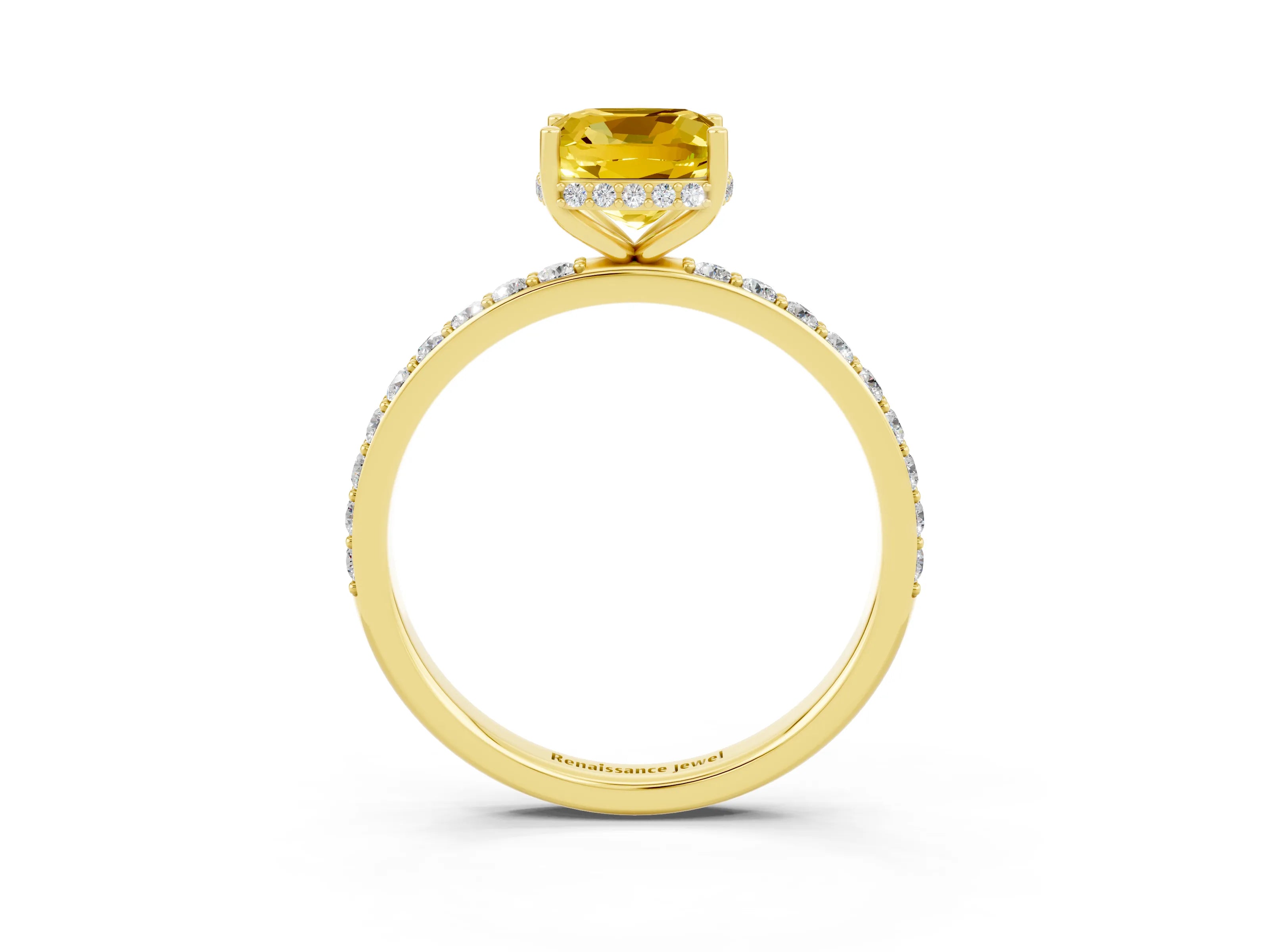 Yellow gold Cushion Cut Yellow Sapphire Solitaire Ring with Pavé Band and Hidden Halo_15