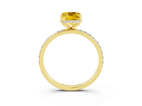 Yellow gold Cushion Cut Yellow Sapphire Solitaire Ring with Pavé Band and Hidden Halo