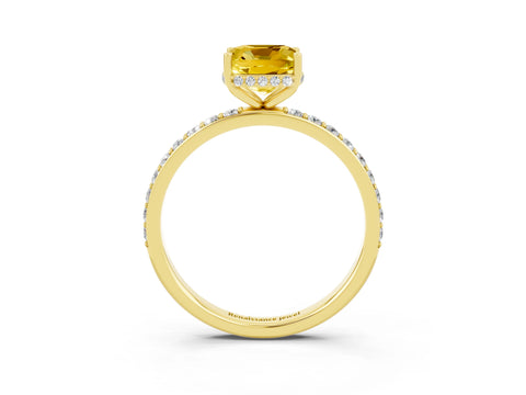 Yellow gold Cushion Cut Yellow Sapphire Solitaire Ring with Pavé Band and Hidden Halo_15