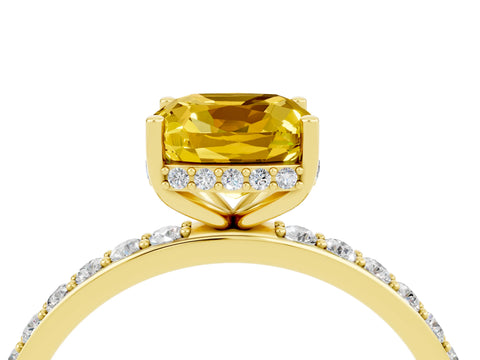 Yellow gold Cushion Cut Yellow Sapphire Solitaire Ring with Pavé Band and Hidden Halo_16