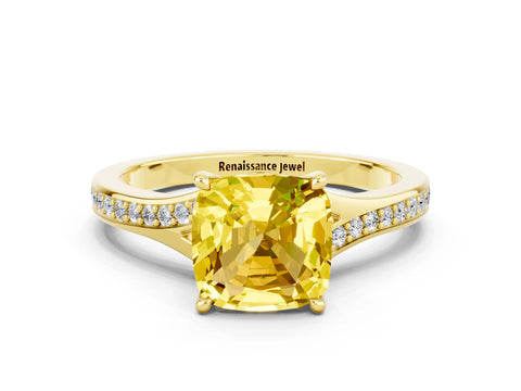 Yellow gold Cushion Cut Yellow Sapphire Solitaire Ring with Pavé Band and Prong Setting_12