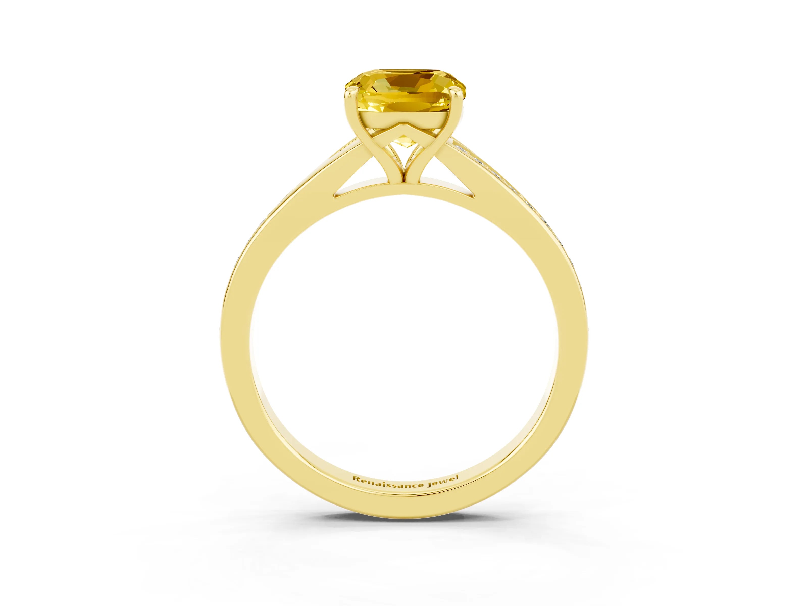 Yellow gold Cushion Cut Yellow Sapphire Solitaire Ring with Pavé Band and Prong Setting_15