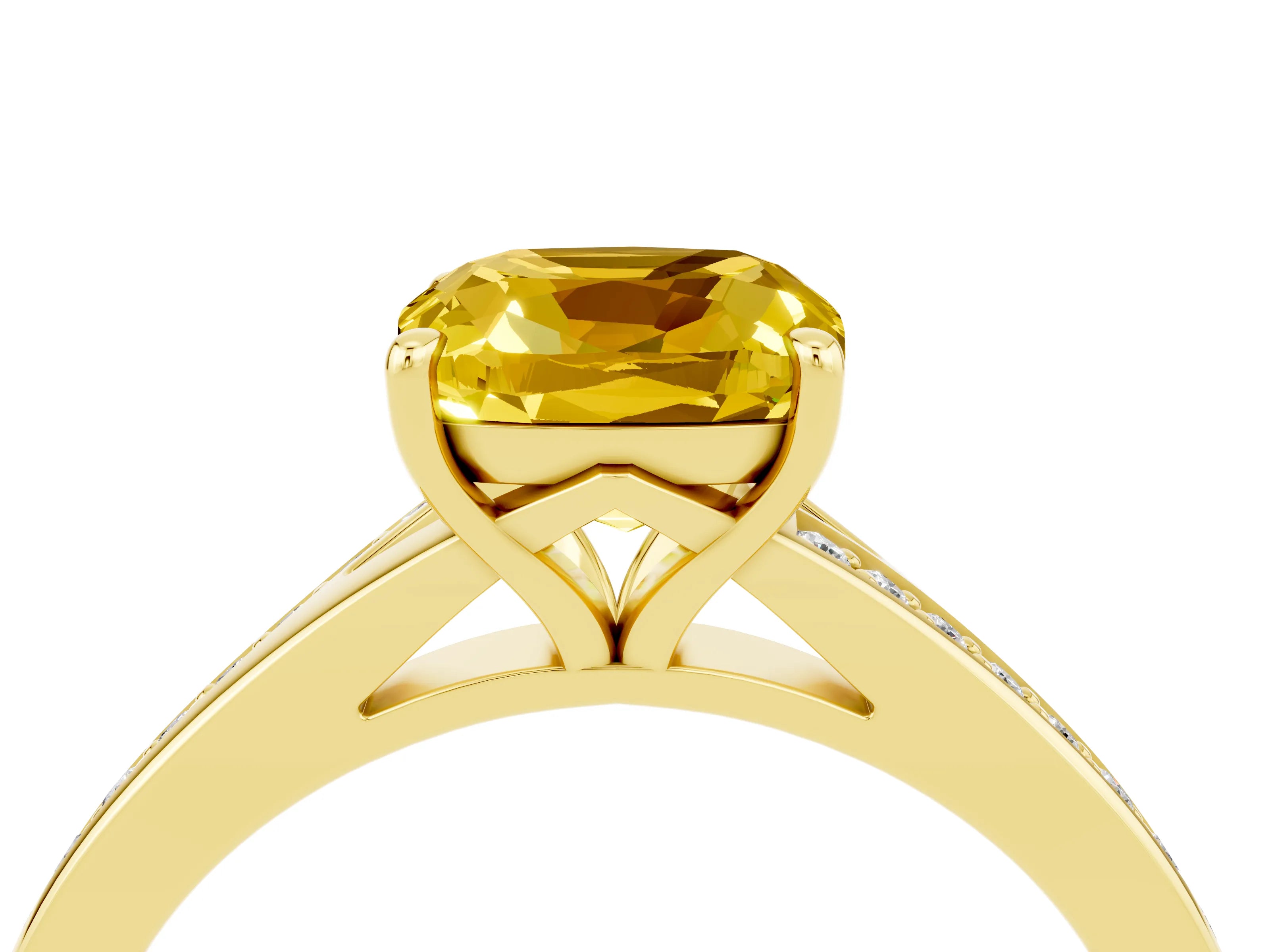 Yellow gold Cushion Cut Yellow Sapphire Solitaire Ring with Pavé Band and Prong Setting_16