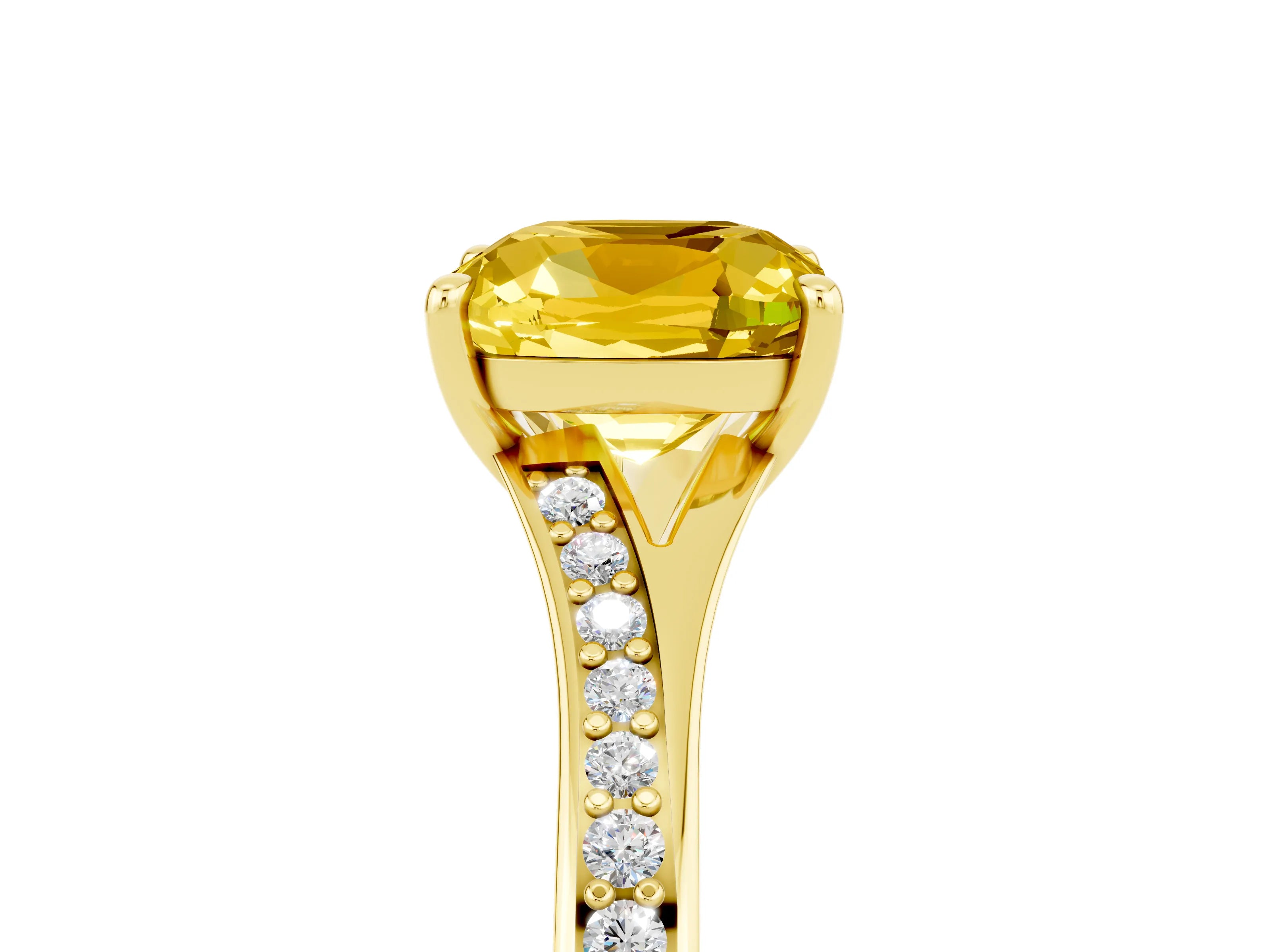 Yellow gold Cushion Cut Yellow Sapphire Solitaire Ring with Pavé Band and Prong Setting_17