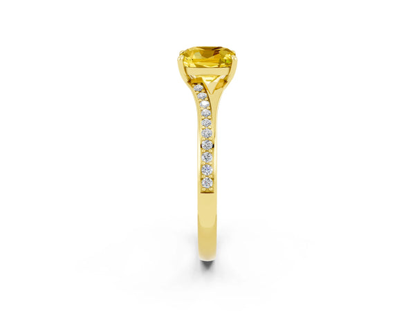 Yellow gold Cushion Cut Yellow Sapphire Solitaire Ring with Pavé Band and Prong Setting