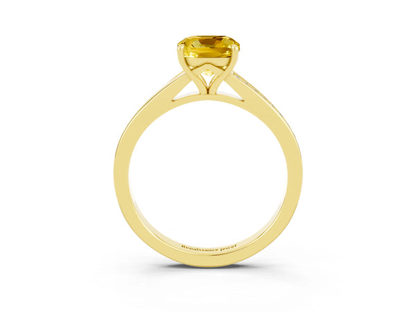 Yellow gold Cushion Cut Yellow Sapphire Solitaire Ring with Pavé Band and Prong Setting