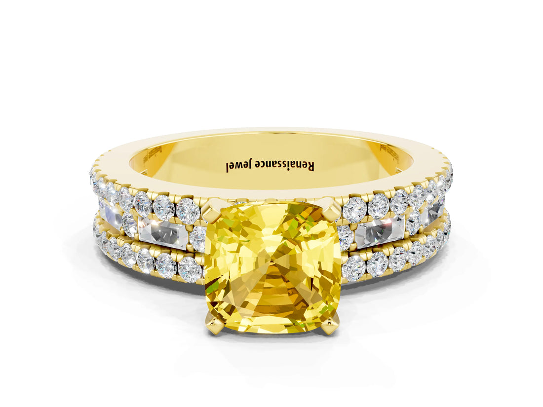 Yellow gold Cushion Cut Yellow Sapphire Solitaire Ring with Pavé and Channel Set Band_24