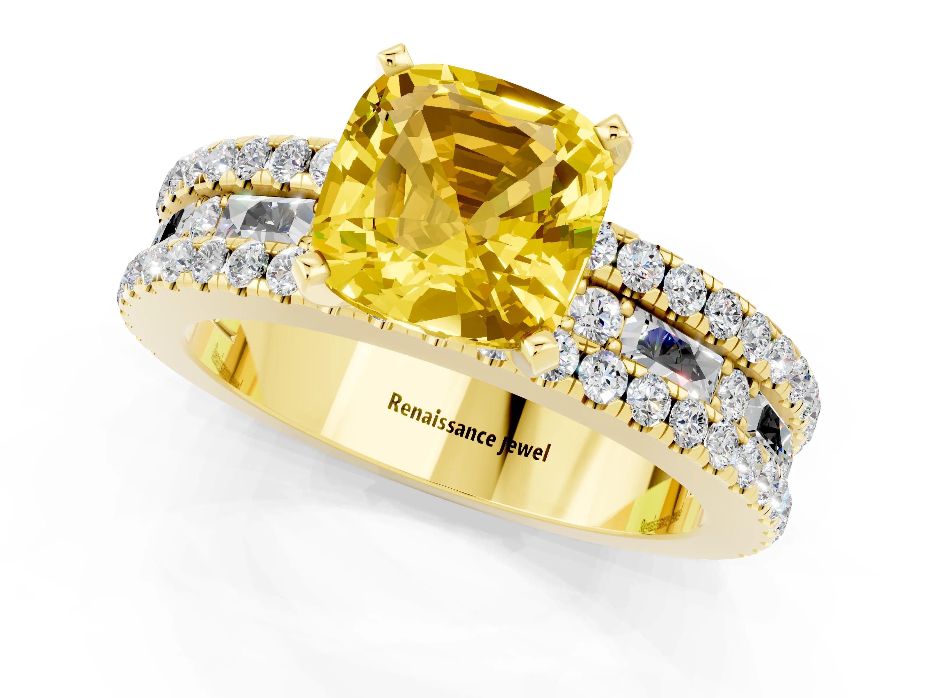Yellow gold Cushion Cut Yellow Sapphire Solitaire Ring with Pavé and Channel Set Band_25