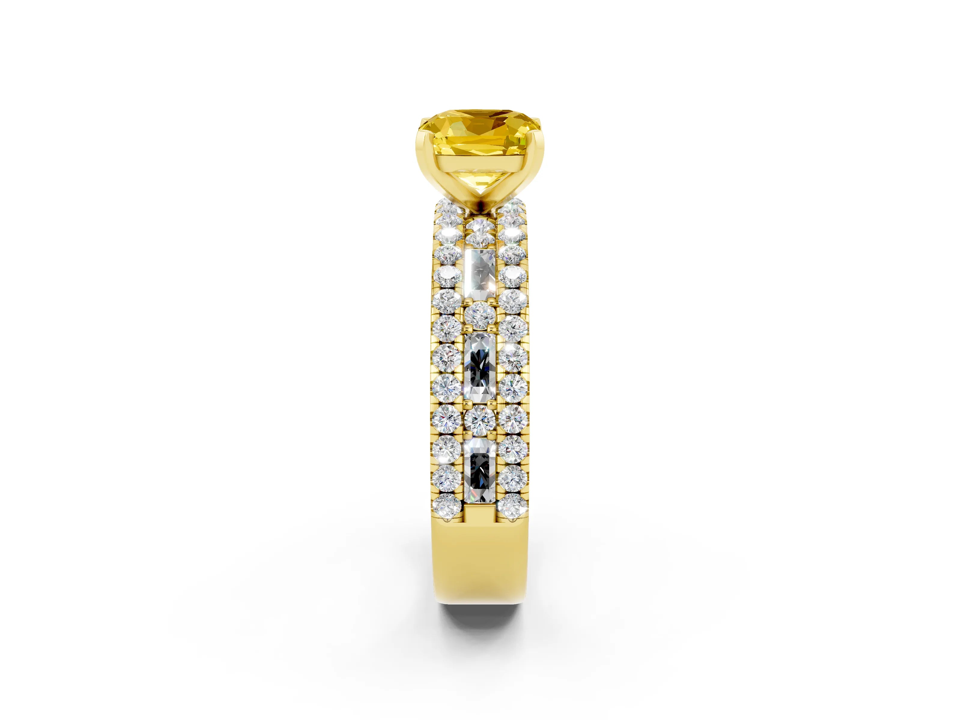 Yellow gold Cushion Cut Yellow Sapphire Solitaire Ring with Pavé and Channel Set Band_26