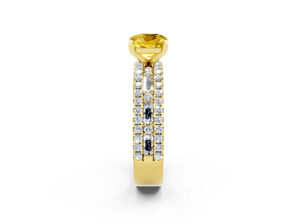 Yellow gold Cushion Cut Yellow Sapphire Solitaire Ring with Pavé and Channel Set Band