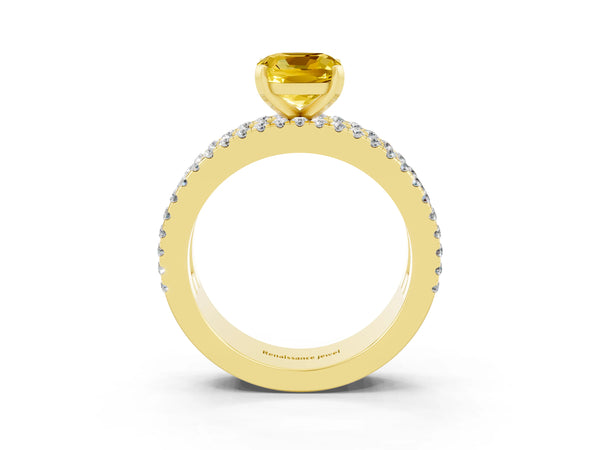 Yellow gold Cushion Cut Yellow Sapphire Solitaire Ring with Pavé and Channel Set Band