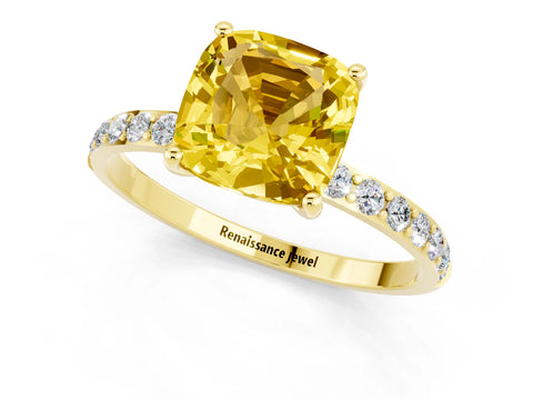 Yellow gold Cushion Cut Yellow Sapphire Solitaire Ring with Pave Band and Four Prong Setting_13