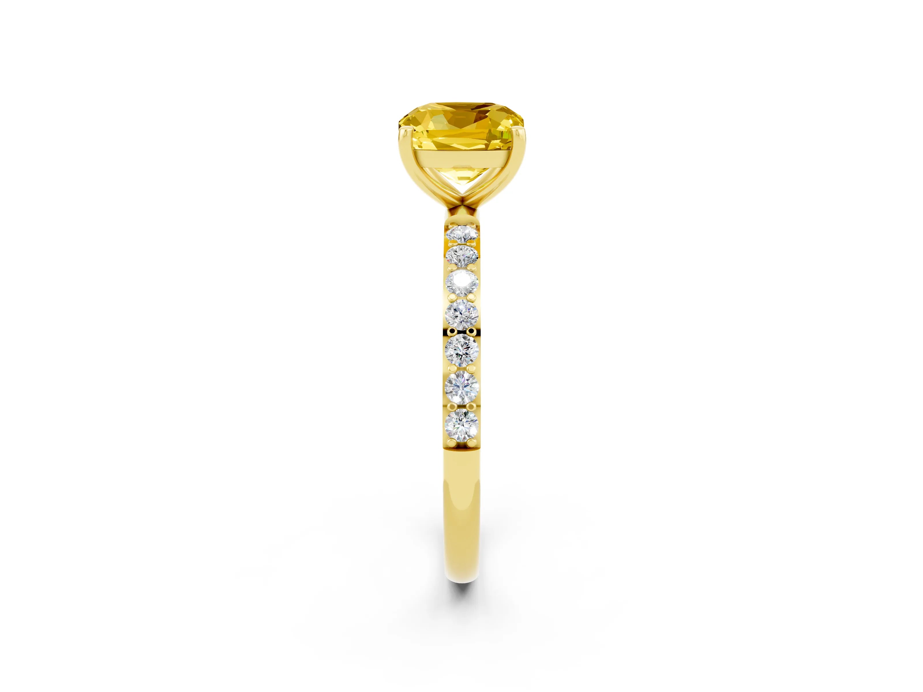 Yellow gold Cushion Cut Yellow Sapphire Solitaire Ring with Pave Band and Four Prong Setting_14