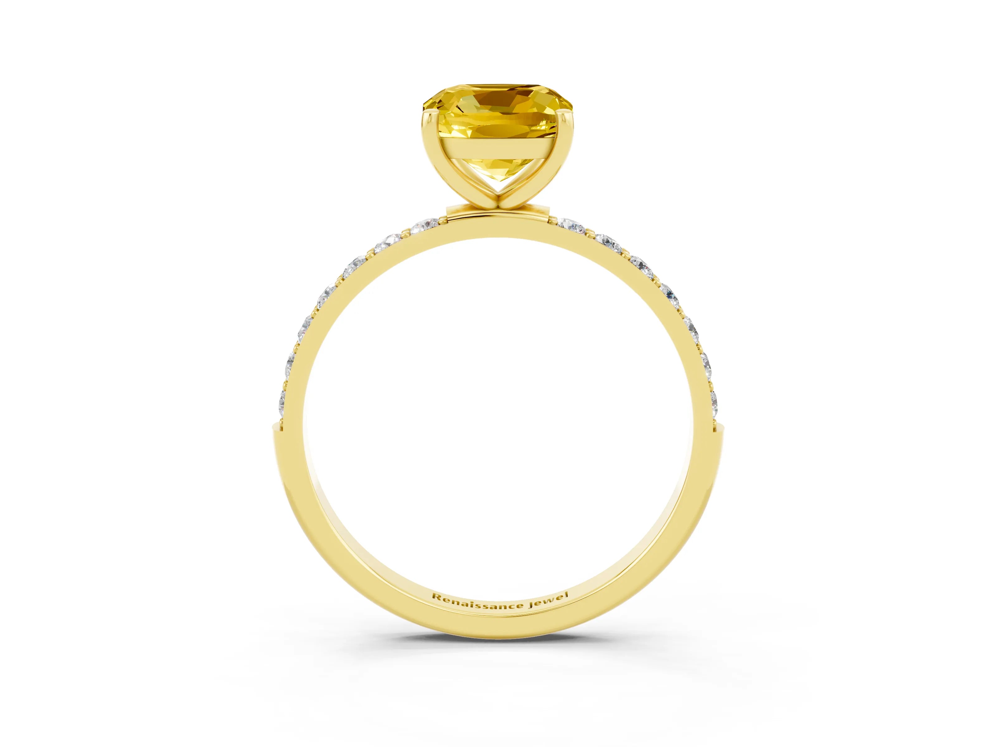 Yellow gold Cushion Cut Yellow Sapphire Solitaire Ring with Pave Band and Four Prong Setting_15