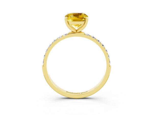 Yellow gold Cushion Cut Yellow Sapphire Solitaire Ring with Round  Pavé Band and Prong Setting