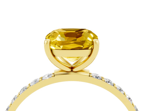 Yellow gold Cushion Cut Yellow Sapphire Solitaire Ring with Pave Band and Four Prong Setting_16