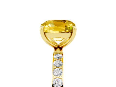 Yellow gold Cushion Cut Yellow Sapphire Solitaire Ring with Pave Band and Four Prong Setting_17