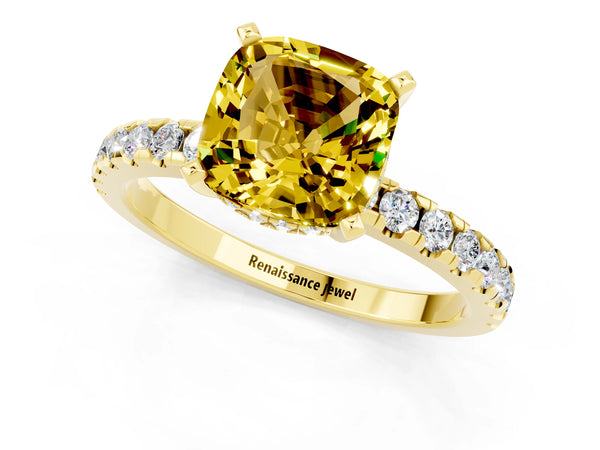 Yellow gold Cushion Cut Yellow Sapphire Solitaire Ring with Round Pavé Band and Four-Prong Setting