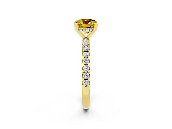 Yellow gold Cushion Cut Yellow Sapphire Solitaire Ring with Round Pavé Band and Four-Prong Setting