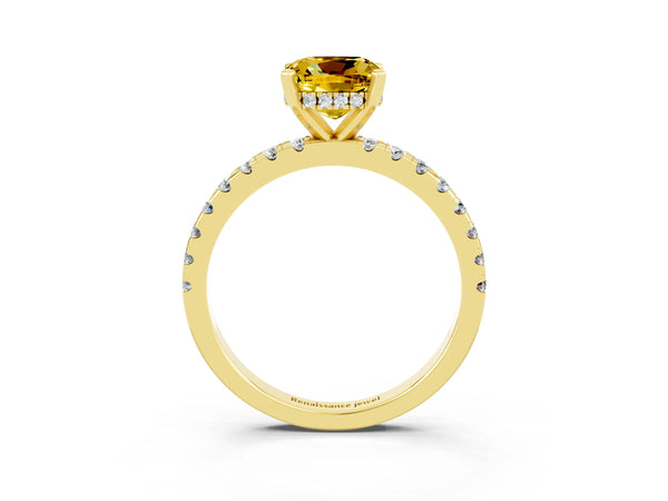 Yellow gold Cushion Cut Yellow Sapphire Solitaire Ring with Round Pavé Band and Four-Prong Setting