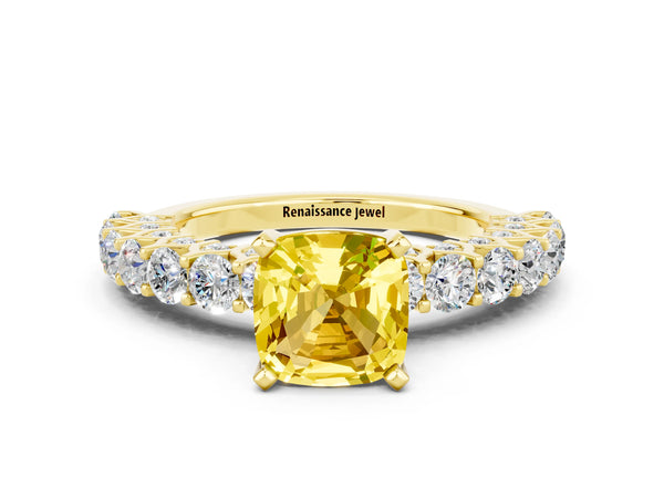Yellow gold Cushion Cut Yellow Sapphire Solitaire Ring with Shared Prong Pavé Band and Four-Prong Setting