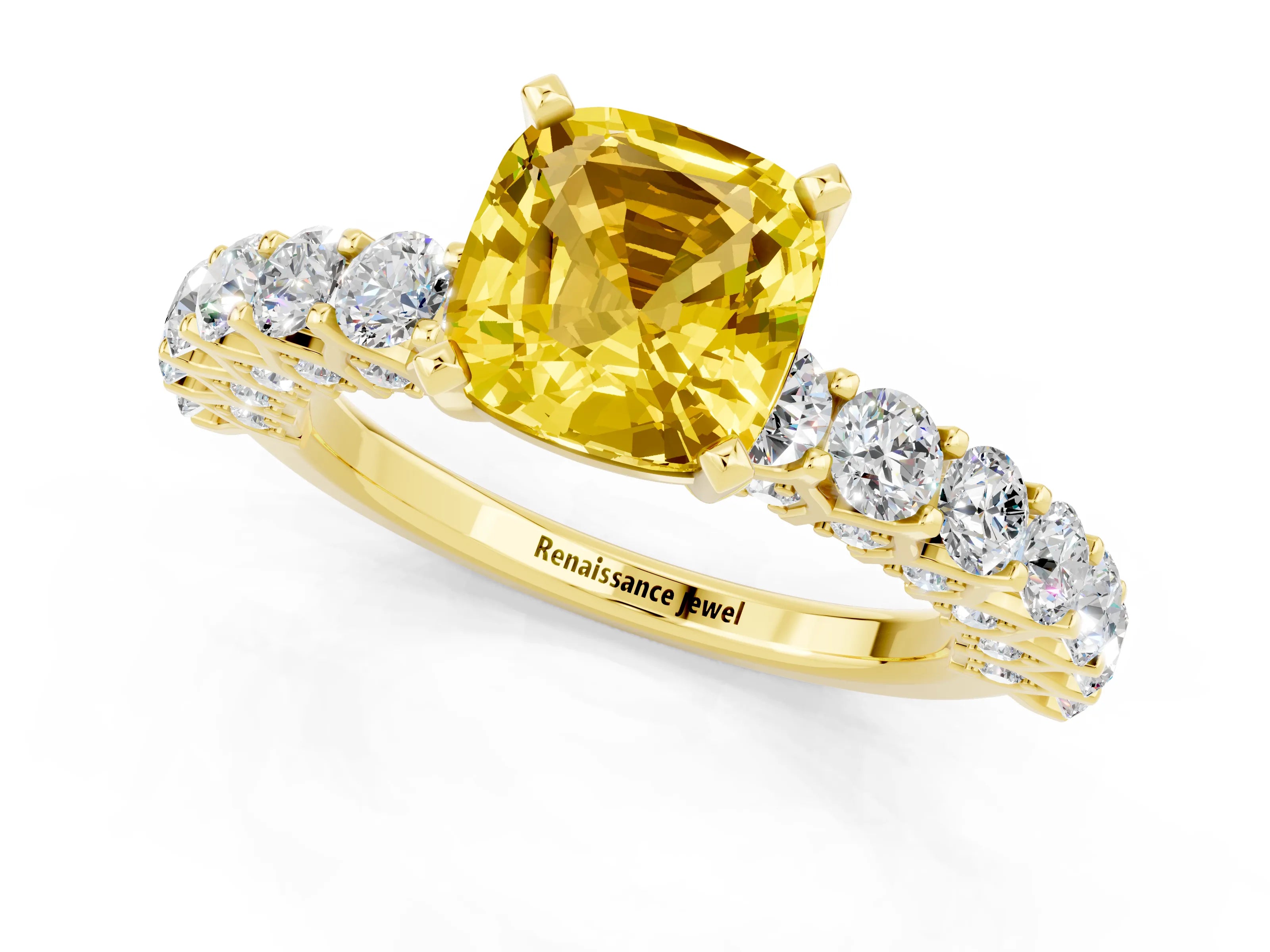 Yellow gold Cushion Cut Yellow Sapphire Solitaire Ring with Shared Prong Pavé Band and Four-Prong Setting_1