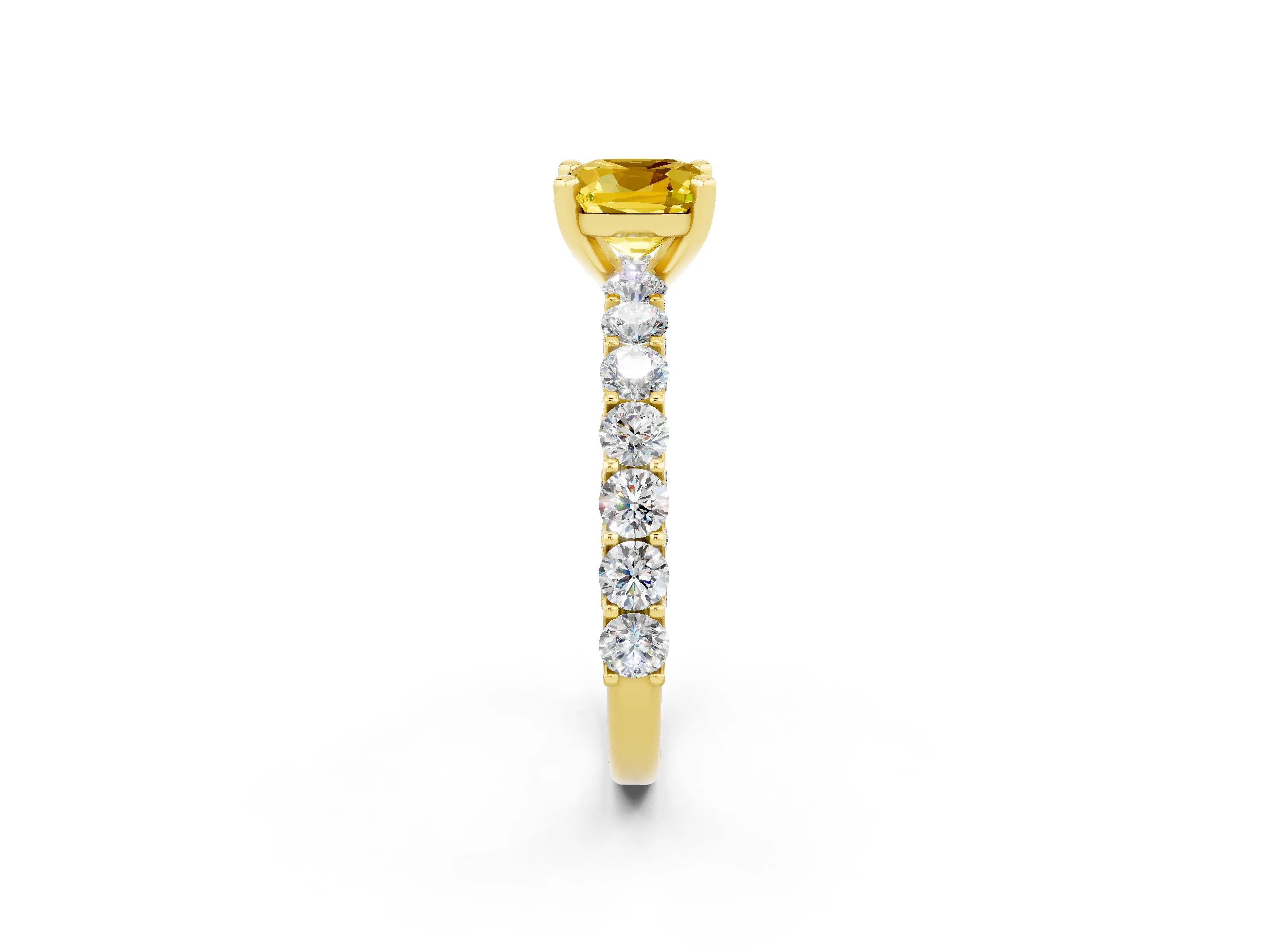 Yellow gold Cushion Cut Yellow Sapphire Solitaire Ring with Shared Prong Pavé Band and Four-Prong Setting_2