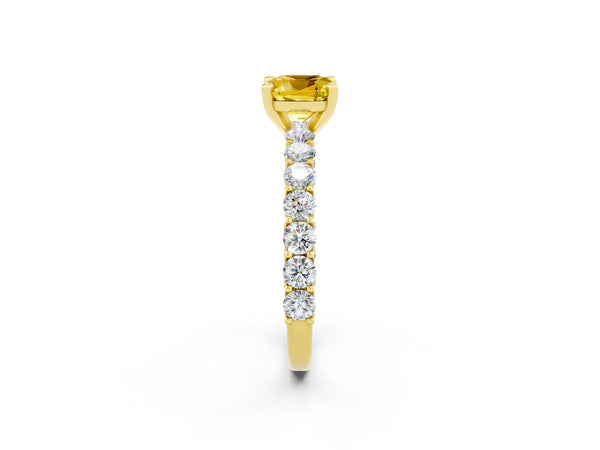 Yellow gold Cushion Cut Yellow Sapphire Solitaire Ring with Shared Prong Pavé Band and Four-Prong Setting