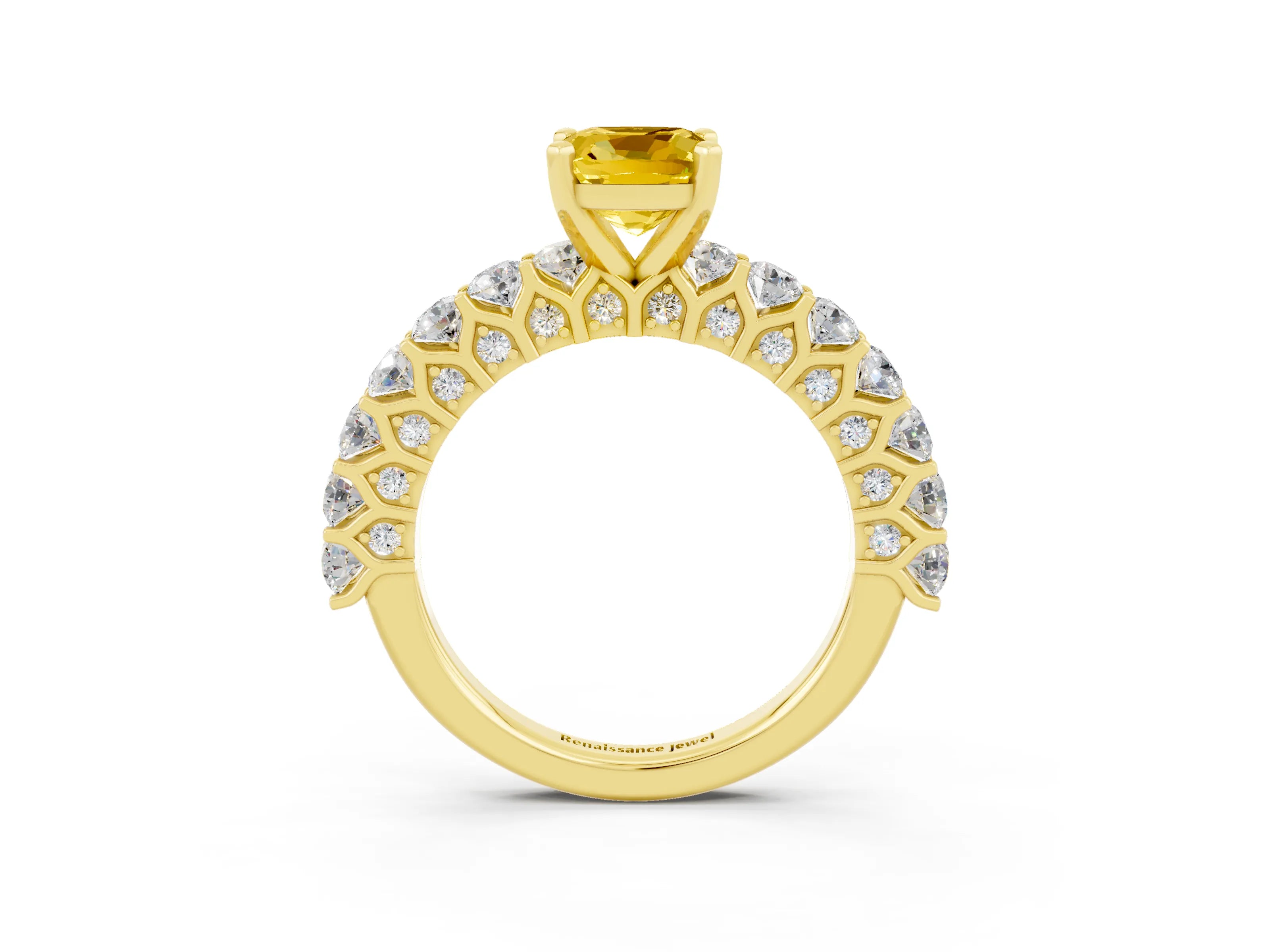 Yellow gold Cushion Cut Yellow Sapphire Solitaire Ring with Shared Prong Pavé Band and Four-Prong Setting_3
