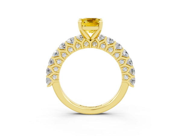 Yellow gold Cushion Cut Yellow Sapphire Solitaire Ring with Shared Prong Pavé Band and Four-Prong Setting