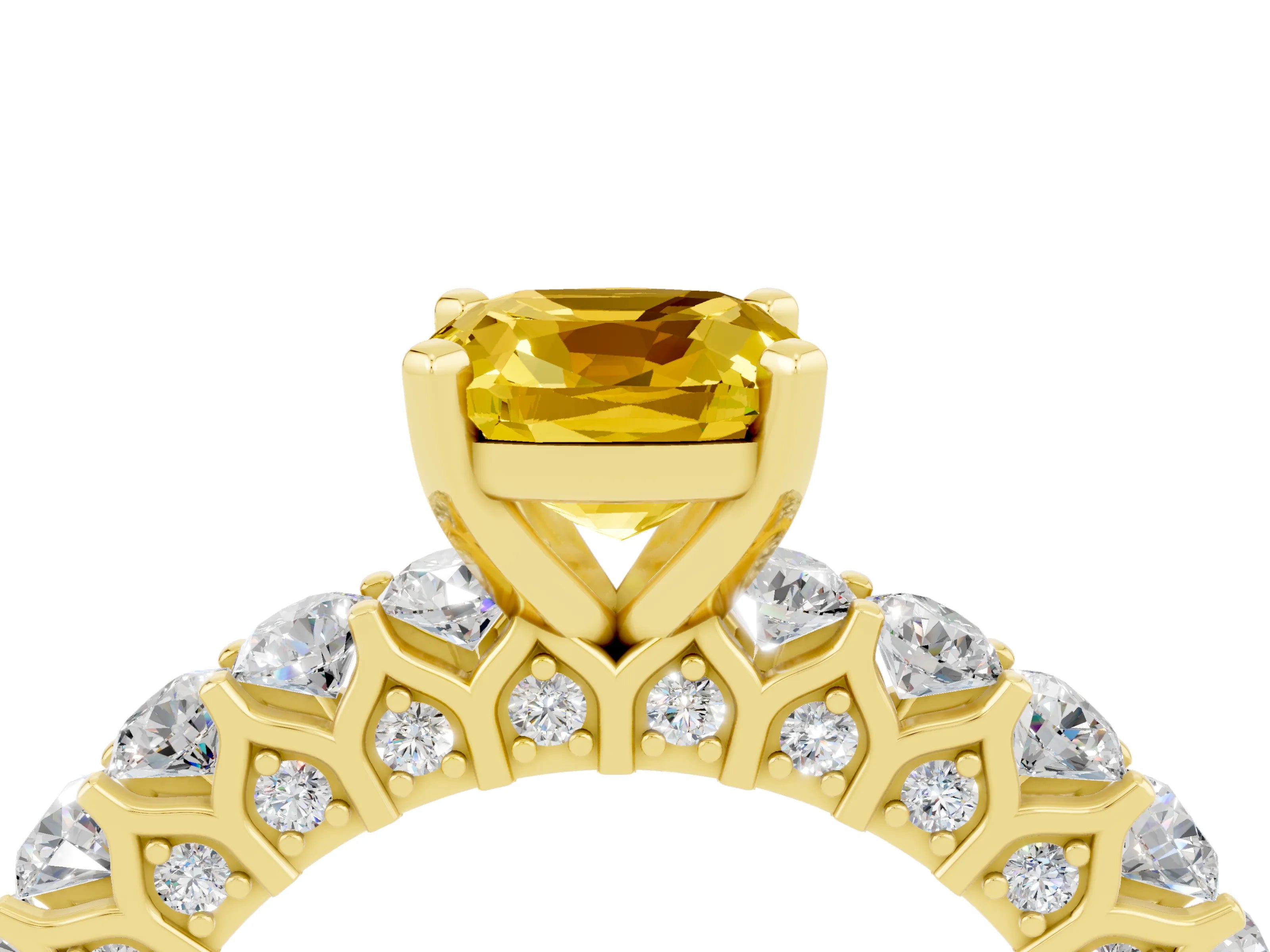 Yellow gold Cushion Cut Yellow Sapphire Solitaire Ring with Shared Prong Pavé Band and Four-Prong Setting_4