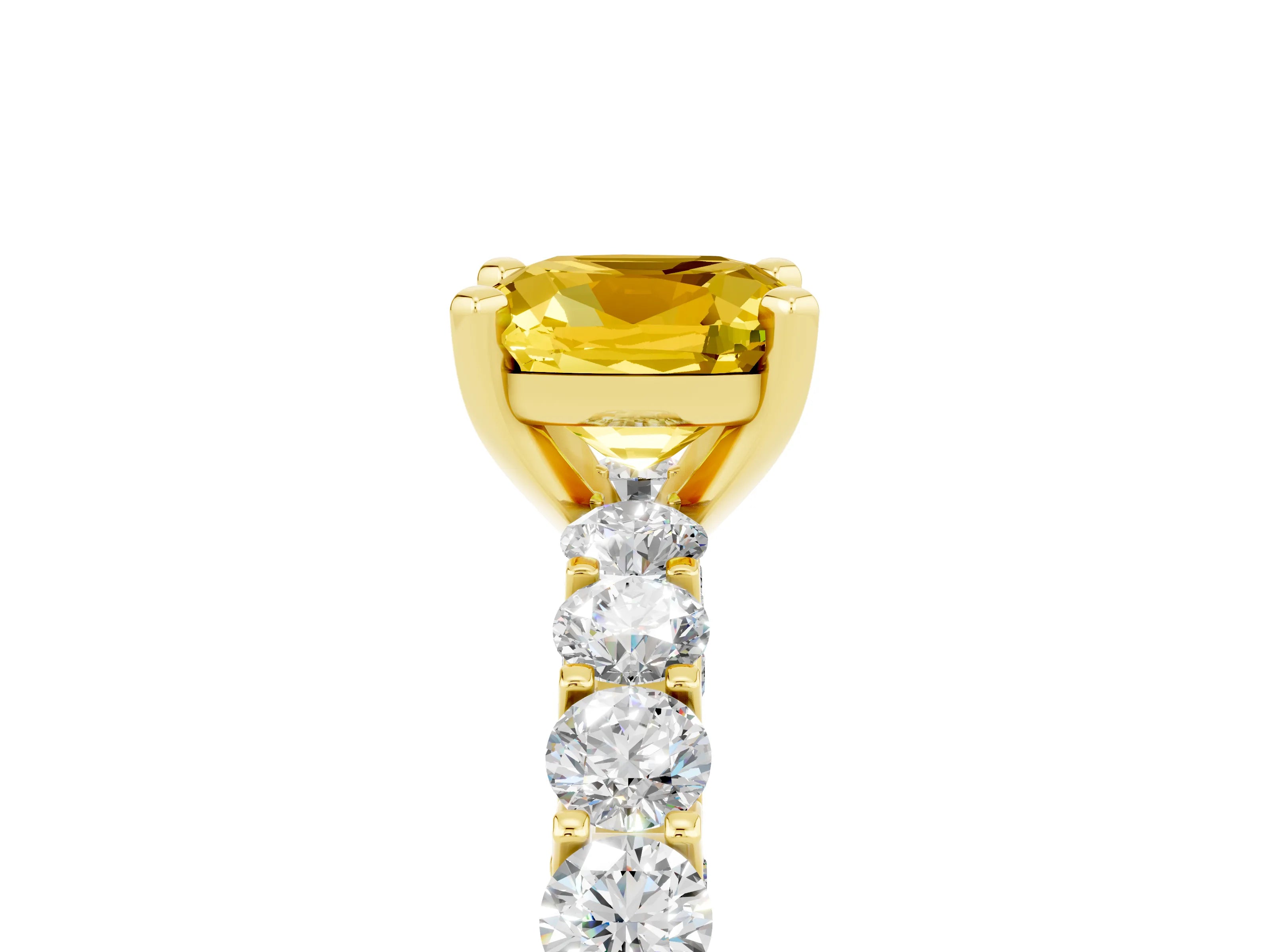Yellow gold Cushion Cut Yellow Sapphire Solitaire Ring with Shared Prong Pavé Band and Four-Prong Setting_5