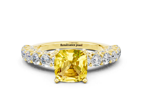 Yellow gold Cushion Cut Yellow Sapphire Solitaire Ring with Shared Prong Pavé Band and Four-Prong Setting